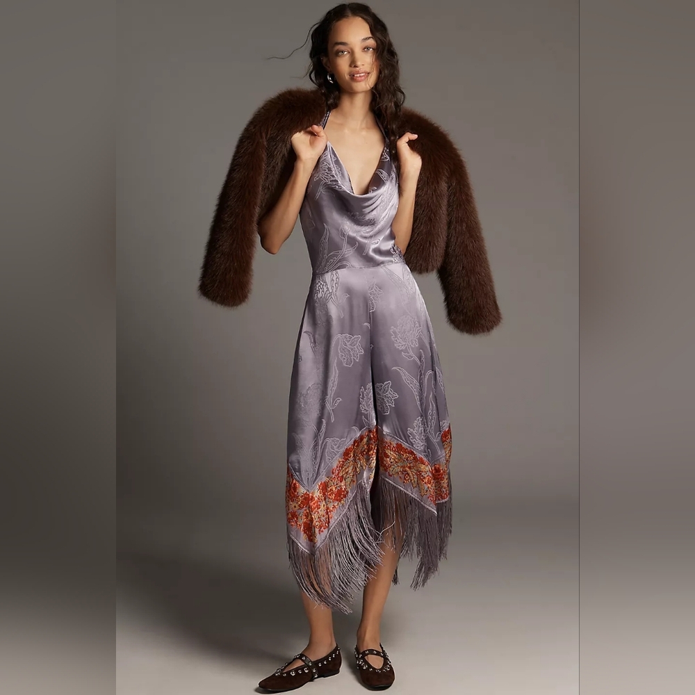 By Anthropologie Fringe Cowl-Neck Jumpsuit